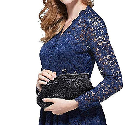EROUGE Beaded Sequin Design Flower Evening Purse Large Clutch Bag (Black) EROUGE