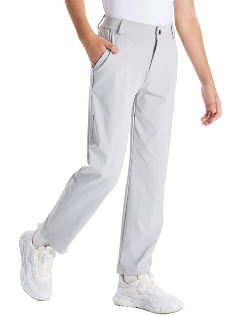 DEVOROPA Youth Boys Flat Front Dress Pants Stretch Golf Athletic Casual School Uniform Khaki Chino Twill Sweat Pants Pockets Light Gray L