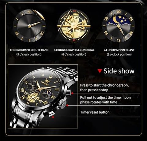 OLEVS Black Watches for Men Casual Fashion Big Face Man Watch Luxury Analog Quartz Men's Wrist Watch Elegant Waterpoof Stainless Steel Multifunction Chronograph Moon Phase Mens Watches