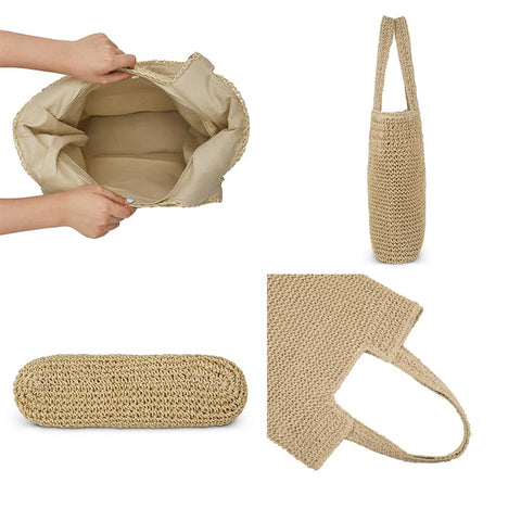 COZYOFFI Straw Beach Tote Bag: Large Summer Boho Woven Bags - Rattan Handmade Shoulder Handbags for Women(Brown) COZYOFFI