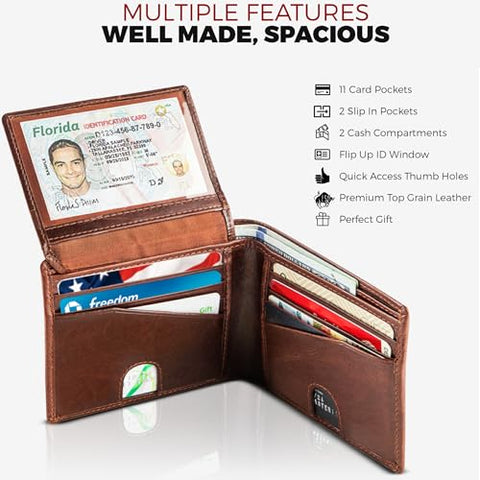 BULL GUARD Mens RFID Blocking Bifold Wallet Soft Genuine Leather Brown Western | Secure and Durable Extra Capacity Billfold with 11 Credit Cards, Flip Up ID BULL GUARD