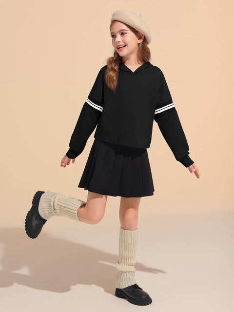 Haloumoning Girls Fashion Hoodies Kids Cute Striped Long Sleeve Crop Tops Hooded Sweatshirts 5-14 Years Black