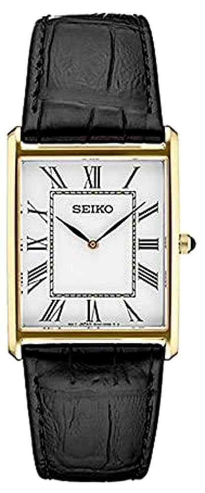 SEIKO SWR052 Watch for Men - Essentials - Water Resistant with Gold-Tone Stainless Steel Rectangular Case, White Dial with Roman Numerals, and Black Leather Strap