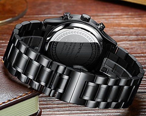 CRRJU Men's Black Watch Fashion Business Chronograph Quartz Wristwatches,Luxury Stainsteel Steel Band Waterproof Watch for Men CRRJU