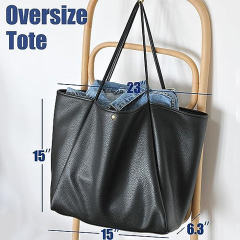 Oversize Pu Leather Tote Women Weekender Bag Shopper Handbag Travel Purse (Black)