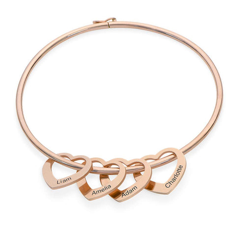 MyNameNecklace MYKA - Personalized Bracelet Bangle with Heart Pendants - Custom Made Multiple Pendant Jewelry Wife Women Christmas Gift (Rose Gold Plated Sterling Silver) MyNameNecklace