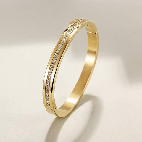 Cuff Bracelet with CZ for Women Stainless Steel Metal and Spring-Clasp Gold Silver Black Plated Chunky Cuff Bangle Jewelry for Girls Gift (CZ Gold) Jinbaoying