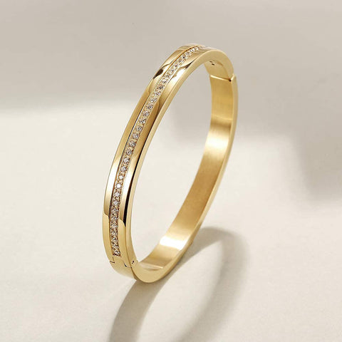 Cuff Bracelet with CZ for Women Stainless Steel Metal and Spring-Clasp Gold Silver Black Plated Chunky Cuff Bangle Jewelry for Girls Gift (CZ Gold) Jinbaoying