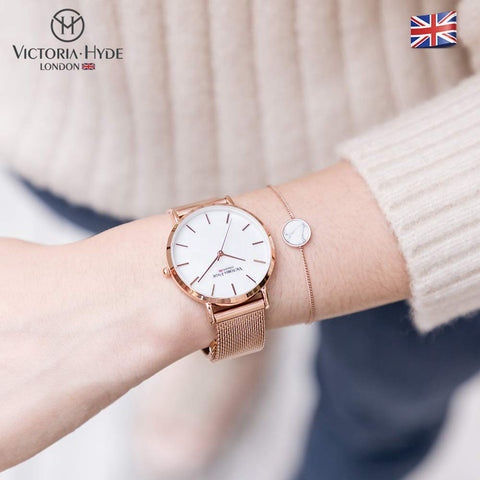 VICTORIA HYDE Fashion Rose Gold Watches for Women Easy Read Mother of Pearl Dial Analog Quartz Stainless Steel Mesh Band Ladies Wristwatch VICTORIA HYDE