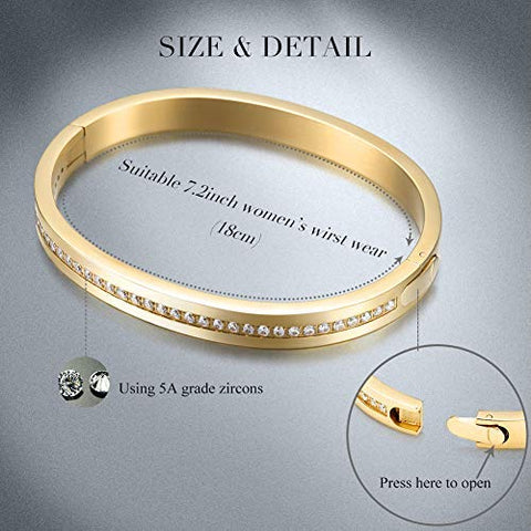 Cuff Bracelet with CZ for Women Stainless Steel Metal and Spring-Clasp Gold Silver Black Plated Chunky Cuff Bangle Jewelry for Girls Gift (CZ Gold) Jinbaoying