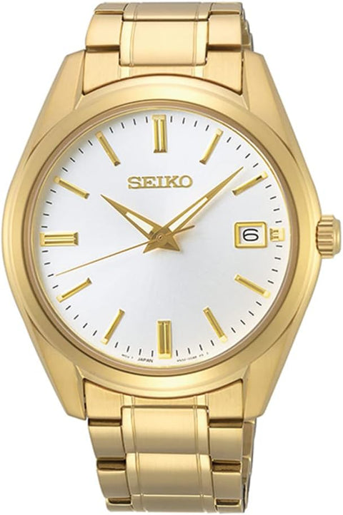 Seiko SUR314 Watch for Men - Essentials - White Dial, Date Calendar, LumiBrite Hands, Gold-Tone Stainless Steel Case & Bracelet, and 100m Water Resistant SEIKO