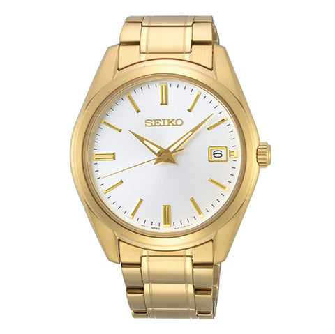 Seiko SUR314 Watch for Men - Essentials - White Dial, Date Calendar, LumiBrite Hands, Gold-Tone Stainless Steel Case & Bracelet, and 100m Water Resistant SEIKO