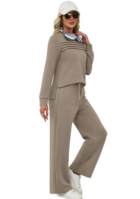 Lounge Sets for Women Fall 2 Piece Outfits Travel Vacation Clothes Trendy Matching Sets Women Clothing Wide Leg Crop Pants Set Travel Sweat Set Going Out Active Track Suits Brown M