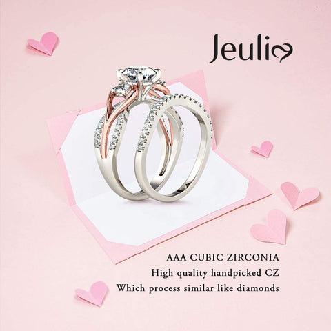 Jeulia Two Tone Rings for Women Rose Gold Three Stone Round Cut Engagement Rings Sterling Silver Halo Bridal Ring Set Anniversary Promise Wedding Ring with Jewelry Gift Box (8) Jeulia