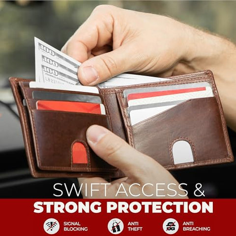 BULL GUARD Mens RFID Blocking Bifold Wallet Soft Genuine Leather Brown Western | Secure and Durable Extra Capacity Billfold with 11 Credit Cards, Flip Up ID BULL GUARD