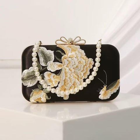 AININTON Women Embroidered Bag Silk Shoulder Bag Black Handbag Rectangle Crossbody Bag with Pearl Chain for Wedding Party Banquet AININTON