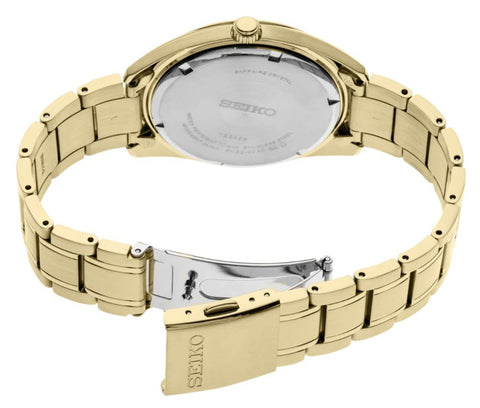 Seiko SUR314 Watch for Men - Essentials - White Dial, Date Calendar, LumiBrite Hands, Gold-Tone Stainless Steel Case & Bracelet, and 100m Water Resistant SEIKO