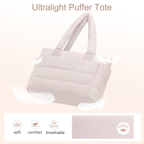Tote Bag for Women Puffer Tote Bag Large Quilted Nurse Bag with Zipper for Work Travel (Beige)