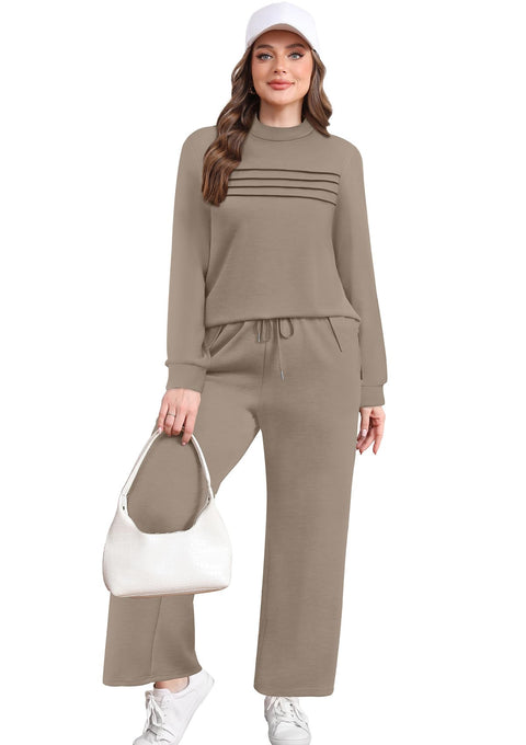 Lounge Sets for Women Fall 2 Piece Outfits Travel Vacation Clothes Trendy Matching Sets Women Clothing Wide Leg Crop Pants Set Travel Sweat Set Going Out Active Track Suits Brown M