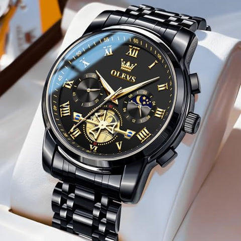 OLEVS Black Watches for Men Casual Fashion Big Face Man Watch Luxury Analog Quartz Men's Wrist Watch Elegant Waterpoof Stainless Steel Multifunction Chronograph Moon Phase Mens Watches