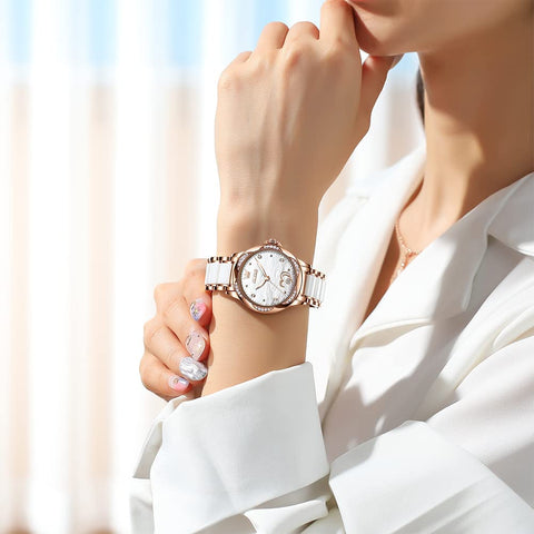 OLEVS Automatic Self Winding Watch for Women Rose Gold Stainless Steel Ceramic Women Wrist Watches Large Face White Heart Diamond Mother of Pearl Waterproof Date Ladies Watch for Women Two Tone OLEVS