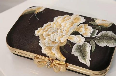 AININTON Women Embroidered Bag Silk Shoulder Bag Black Handbag Rectangle Crossbody Bag with Pearl Chain for Wedding Party Banquet AININTON