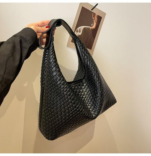 2024 Woven Leather Tote Bag for Women Top-handle Shoulder Bag, Hobo Bags Large Capacity Soft Vegan Crossbody Handbag Underarm (black)