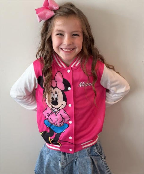 Disney Minnie Mouse Toddler Girls Varsity Bomber Letterman Baseball Jacket Letter Print Lightweight Sweatshirt Button up Clothes Color Block Coat 4-5T