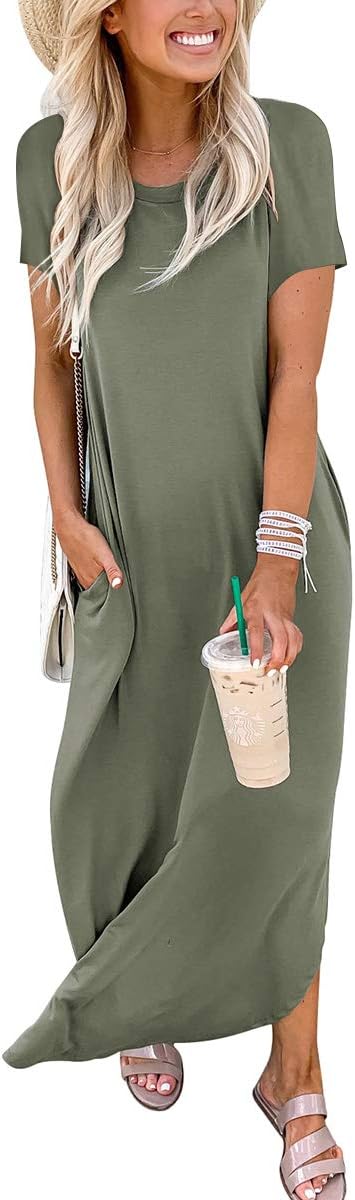 ANRABESS Women's Summer Casual Loose Short Sleeve Long T Shirt Dress Split Maxi Beach Sundress Travel Vacation Outfits Olive Small ANRABESS