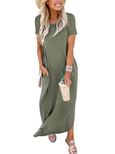 ANRABESS Women's Summer Casual Loose Short Sleeve Long T Shirt Dress Split Maxi Beach Sundress Travel Vacation Outfits Olive Small ANRABESS