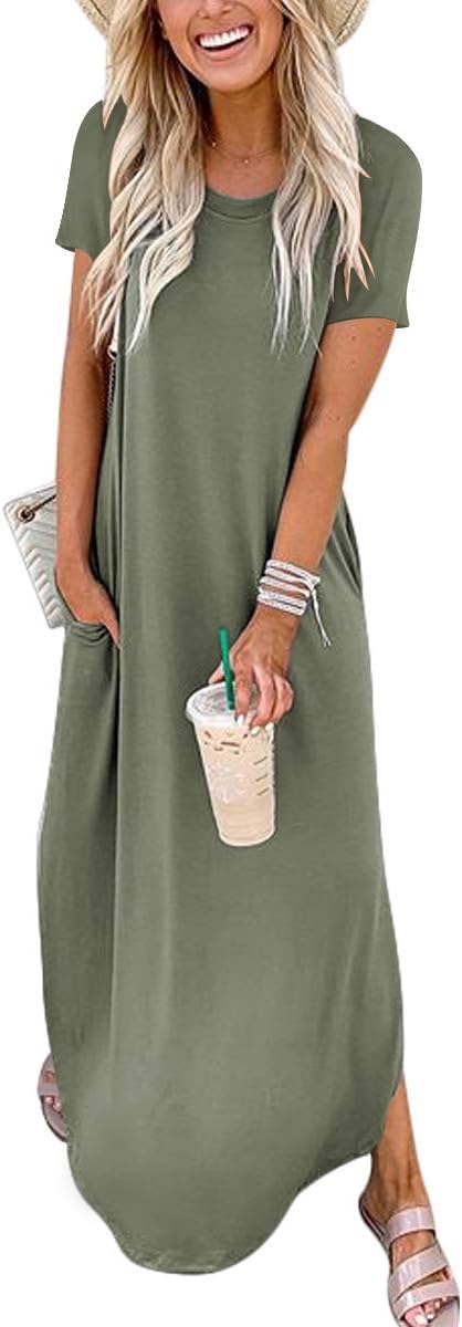 ANRABESS Women's Summer Casual Loose Short Sleeve Long T Shirt Dress Split Maxi Beach Sundress Travel Vacation Outfits Olive Small ANRABESS