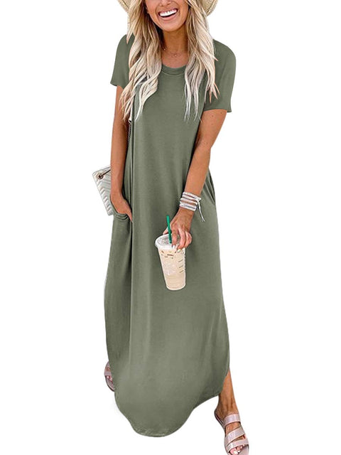 ANRABESS Women's Summer Casual Loose Short Sleeve Long T Shirt Dress Split Maxi Beach Sundress Travel Vacation Outfits Olive Small ANRABESS