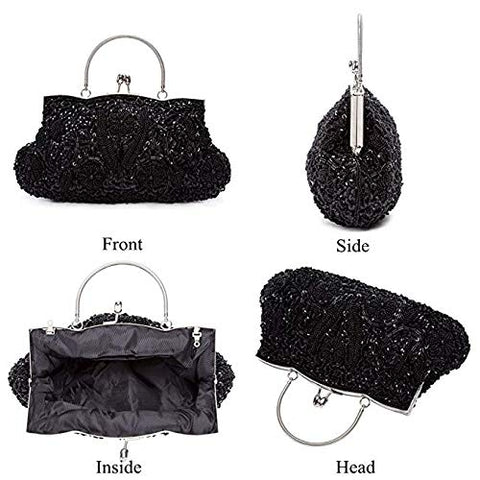 EROUGE Beaded Sequin Design Flower Evening Purse Large Clutch Bag (Black) EROUGE