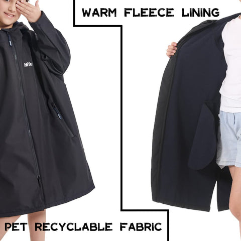 Hiturbo Kids Waterproof Swim Parka: Thin Fleece Swimming Coat - Oversized Swimmer Jacket - Knee Length Swim Team Outfit (9-13Y, Black)