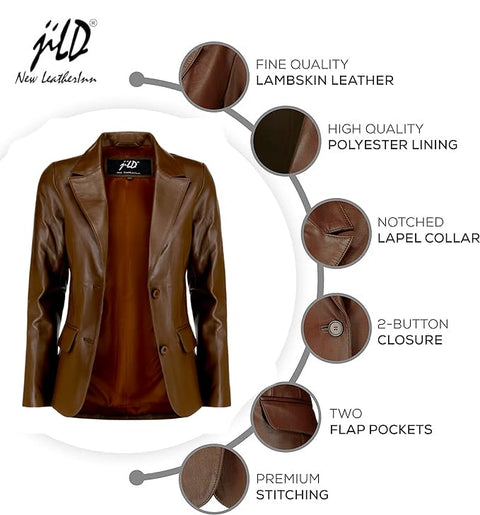 Jild Classic 2-Button Lambskin Leather Blazer Women - Casual Coat Long Sleeves Suit Style Leather Jacket Women (LC-Brn-3XL) Jild