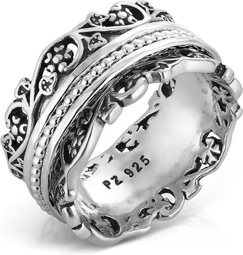 Paz Creations 925 Sterling Silver Spinner Ring/Fidget Ring/Anxiety Ring - 925 Sterling Silver Rings for Women, Stylish Boho Ring (Sterling Silver, Size 9) PZ