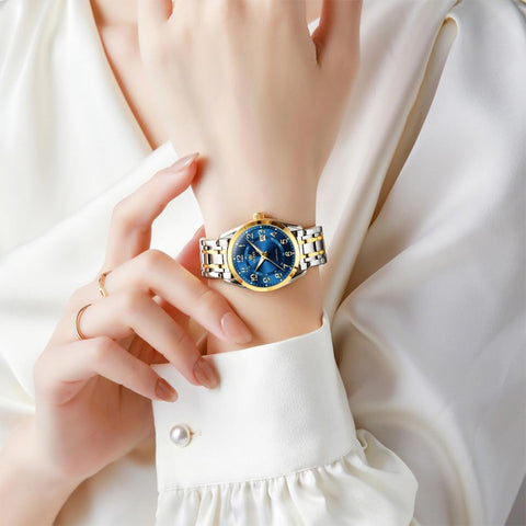 OLEVS Womens Watches Classic Business Two Tone Analog Quartz Female Wristwatch Ladies Luminous Calendar Easy Read Blue Reloj de Mujer