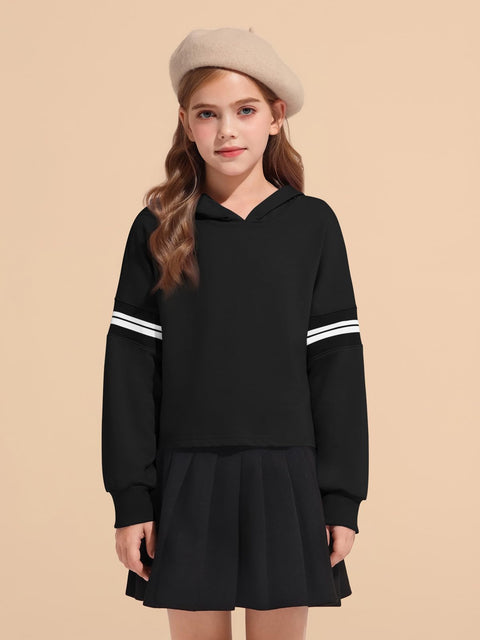 Haloumoning Girls Fashion Hoodies Kids Cute Striped Long Sleeve Crop Tops Hooded Sweatshirts 5-14 Years Black