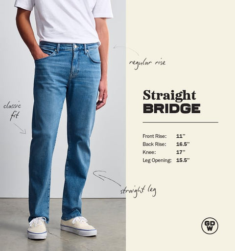 General Denim Works Bridge Men's Regular Rise Straight Leg Jeans, Mid Denim, 36x32