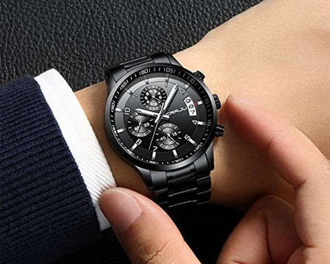 CRRJU Men's Black Watch Fashion Business Chronograph Quartz Wristwatches,Luxury Stainsteel Steel Band Waterproof Watch for Men CRRJU