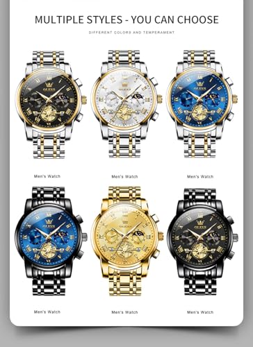 OLEVS Black Watches for Men Casual Fashion Big Face Man Watch Luxury Analog Quartz Men's Wrist Watch Elegant Waterpoof Stainless Steel Multifunction Chronograph Moon Phase Mens Watches