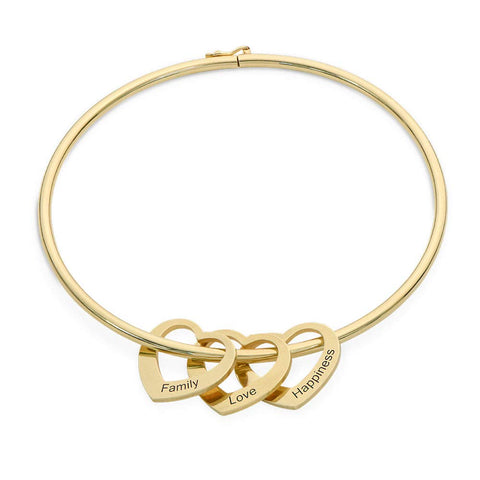 MyNameNecklace MYKA - Personalized Bracelet Bangle with Heart Pendants - Custom Made Multiple Pendant Jewelry Wife Women Christmas Gift (Gold Plated Sterling Silver) MyNameNecklace
