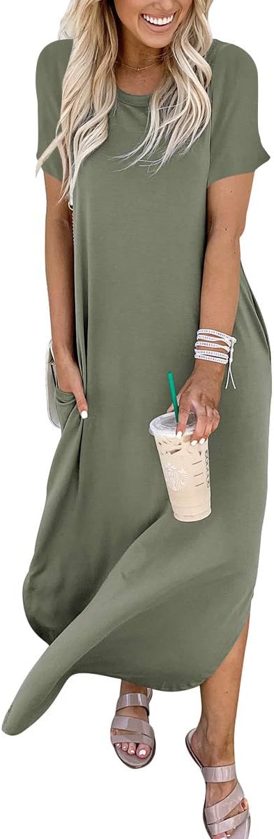 ANRABESS Women's Summer Casual Loose Short Sleeve Long T Shirt Dress Split Maxi Beach Sundress Travel Vacation Outfits Olive Small ANRABESS