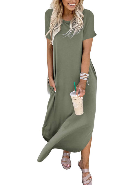 ANRABESS Women's Summer Casual Loose Short Sleeve Long T Shirt Dress Split Maxi Beach Sundress Travel Vacation Outfits Olive Small ANRABESS