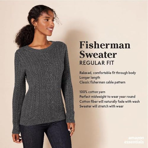 Amazon Essentials Women's Soft Fisherman Cable Long-Sleeve Crewneck Sweater (Available in Plus Size), Cream, Medium