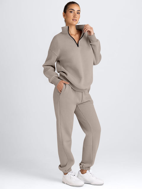 AUTOMET Women's Sweatsuits 2 Piece Outfits Lounge Sets Long Sleeve Half Zip Pullover and Baggy Sweatpants with Pockets CoffeeGrey S