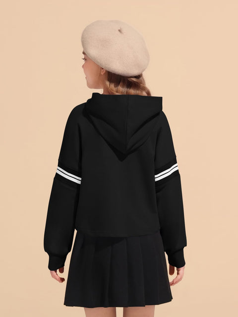 Haloumoning Girls Fashion Hoodies Kids Cute Striped Long Sleeve Crop Tops Hooded Sweatshirts 5-14 Years Black