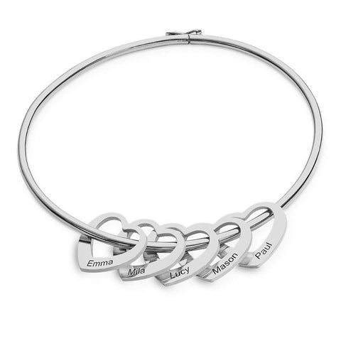 MyNameNecklace MYKA - Personalized Bracelet Bangle with Heart Pendants - Custom Made Multiple Pendant Jewelry Wife Women Christmas Gift (Sterling Silver) MyNameNecklace