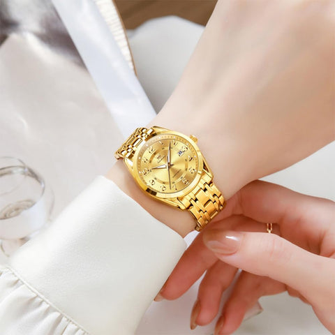 OLEVS Gold Watches for Women Luxury Dress Analog Lady Watch for Ladies Stainless Steel Waterproof Luminous Elegant Female Wrist Watch