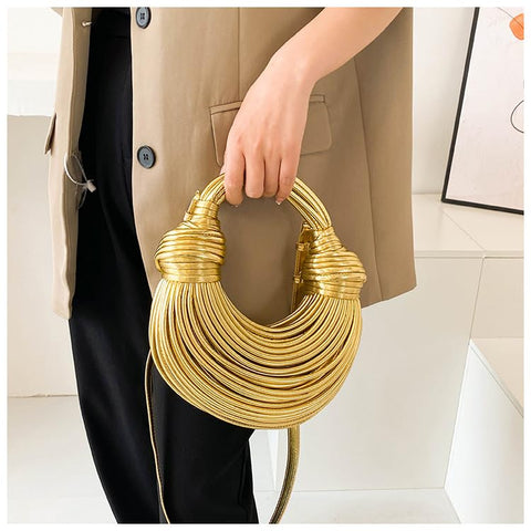 Gimue Hand-Woven Crossbody Bag for Women, Small Leather Clutch Purse, Knotted Bread Handbag, Top Handle Noodles Satchel Bag (Golden) Gimue